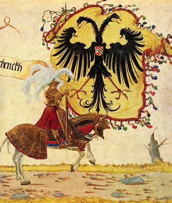 Albrecht Altdorfer: Triumphzug Kaiser Maximilians, Szene: Reichsbanner und Reichsschwert, Detail
