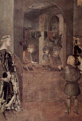 Ambrogio Lorenzetti: Freskenzyklus Allegorien der guten und der schlechten Regierung im Ratssaal der Neun, Palazzo Pubblico in Siena, Szene: Auswirkungen der guten Regierung in der Stadt, Detail: Werkstatt (Handwerk)