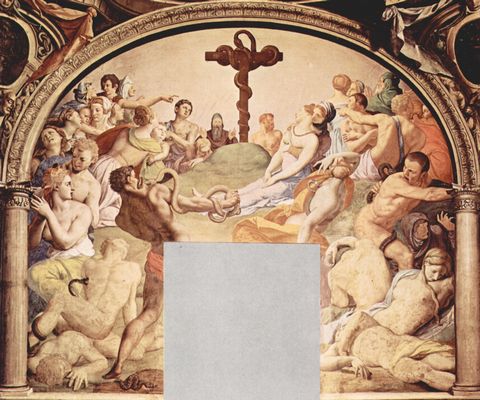 Angelo Bronzino: Fresken der Kapelle der Eleonora da Toledo im Palazzo Vecchio in Florenz, Eingangswand: Anbetung des Kreuzes mit der ehernen Schlange
