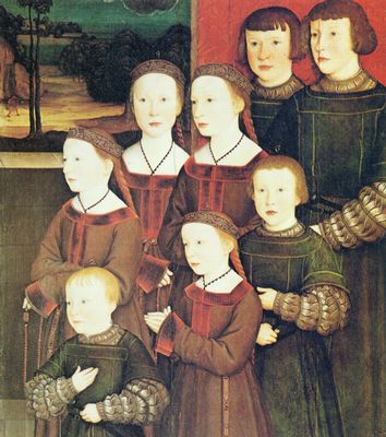 Bernhard Strigel: Konrad Rehlinger d. . mit seinen acht Kindern, rechte Tafel: Die acht Kinder Konrad Rehlingers