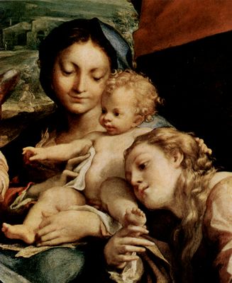 Correggio: Madonna des Hl. Hieronymus (Der Tag), Szene: Maria mit dem Kind, Hl. Hieronymus, Hl. Maria Magdalena, Johannes der Tufer und ein Engel, Detail: Christuskind und Maria Magdalena
