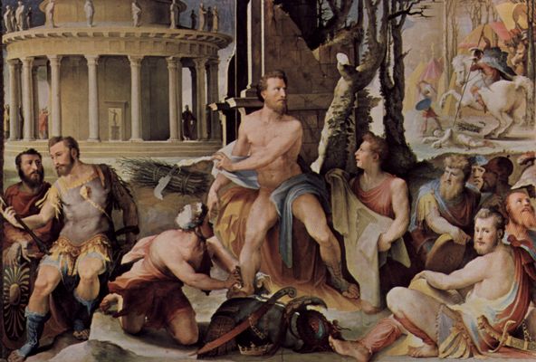 Domenico Beccafumi: Allegorischer Freskenzyklus (Politische Tugenden) aus dem Plazzo Pubblico in Siena, Szene: Das Opfer des Codrus, Knig von Athen