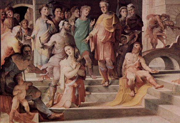 Domenico Beccafumi: Allegorischer Freskenzyklus (Politische Tugenden) aus dem Plazzo Pubblico in Siena, Szene: Das Opfer des Seleukus von Lokris