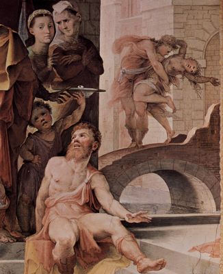 Domenico Beccafumi: Allegorischer Freskenzyklus (Politische Tugenden) aus dem Plazzo Pubblico in Siena, Szene: Das Opfer des Seleukus von Lokris, Detail