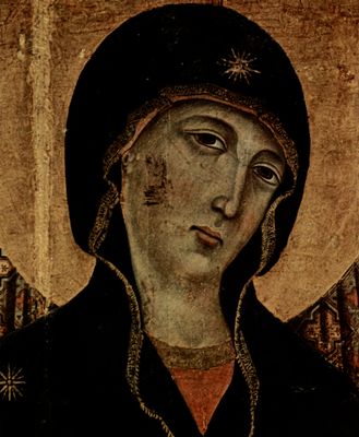 Duccio di Buoninsegna: Madonna Rucellai, Szene: Thronende Madonna und Engel, Detail: Kopf der Madonna