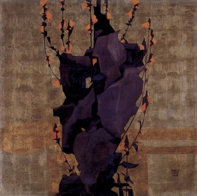 Egon Schiele: Stilisierte Blumen vor dekorativem Hintergrund, Stilleben