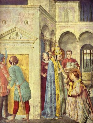 Fra Angelico: Freskenzyklus zum Leben der Heiligen Stephan und Laurentius, Szene: Vor seiner Hinrichtung bergibt der Papst dem Hl. Laurentius den Kirchenschatz, Detail