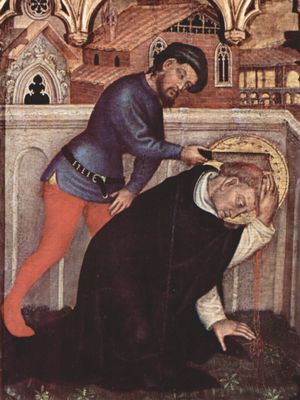Gentile da Fabriano: Marienkrnung, Giebelgemlde, linke innere Tafel, Szene: Martyrium des Hl. Petrus Martyr