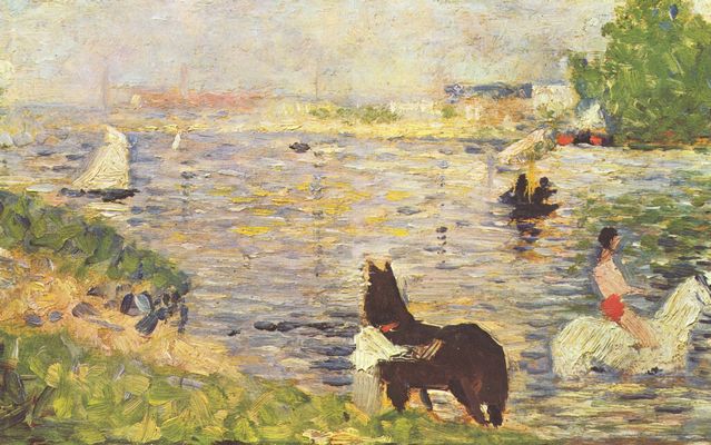 Georges Seurat: Weies und schwarzes Pferd im Flu