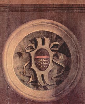 Giorgione: Altar von Castelfranco, Szene: Thronende Madonna mit dem Hl. Liberalis von Treviso und dem Hl. Franziskus, Detail: Familienwappen des Auftraggebers