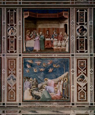 Giotto di Bondone: Freskenzyklus in der Arenakapelle in Padua (Scrovegni-Kapelle), bersicht ber Wandgestaltung, obere Szene: Die Hochzeit zu Kana, untere Szene: Beweinung