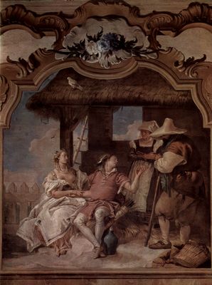 Giovanni Battista Tiepolo: Fresken in der Villa Vallmarana, Vicenca, Szene: Angelica und Medorus in Begleitung zweier Bauern