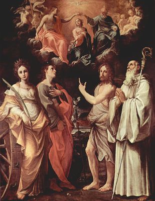 Guido Reni: Marienkrnung mit Hl. Katharina von Alexandrien, Hl. Johannes Evangelist, Hl. Johannes der Tufer, Hl. Romuald von Camaldoli
