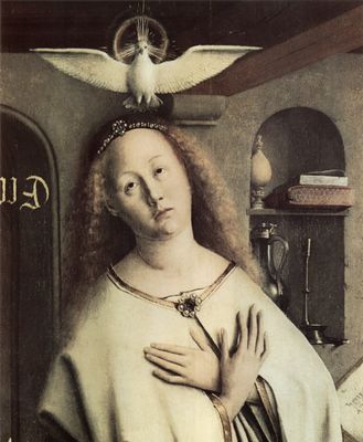 Hubert van Eyck: Genter Altar, Altar des Mystischen Lammes, Auenseiten der Flgel, mittlere uere Szene: Jungfrau der Verkndigung, Detail: Maria und Heilige Geist (Taube)