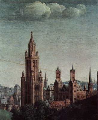 Hubert van Eyck: Genter Altar, Altar des Mystischen Lammes, Haupttafel, Szene: Die Anbetung des mystischen Lammes, Detail: Stadtlandschaft