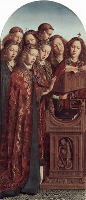 Hubert van Eyck: Genter Altar, Altar des Mystischen Lammes, linker Flgel, oben, innere Szene: Musizierende Engel