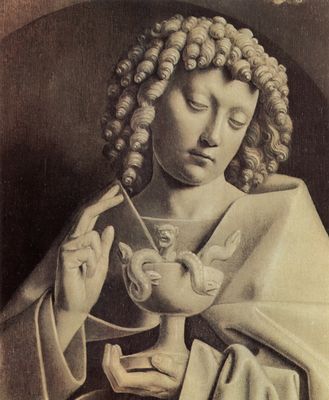 Hubert van Eyck: Genter Altar, Altar des Mystischen Lammes, rechter Auenflgel, untere innere Szene: Der Hl. Johannes der Evangelist, Detail, Skulpturimmitation