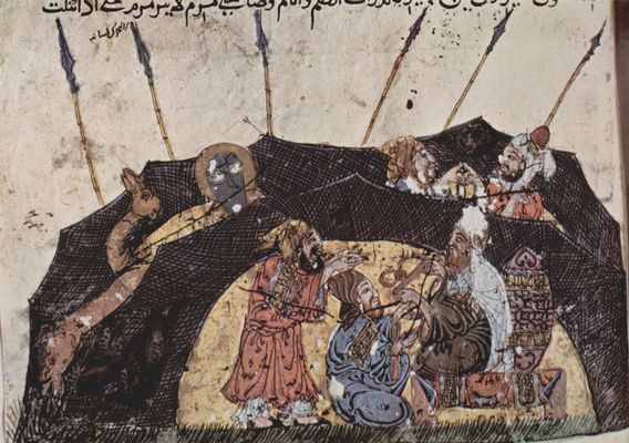 Irakischer Maler um 1230: Maqmt (Versammlungen) des al-Harr, Szene: Die Geschichte von der verlorenen Reisegefhrtin (43. Maqmt)