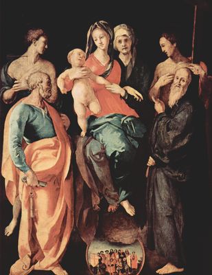 Jacopo Pontormo: Annen-Altar, Madonna mit Hl. Anna, links: Hl. Sebastian und Hl. Petrus, rechts: Hl. Filippus und Hl. Benedikt