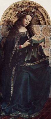 Jan van Eyck: Genter Altar, Altar des Mystischen Lammes, obere linke Haupttafel, Szene: Thronende Maria