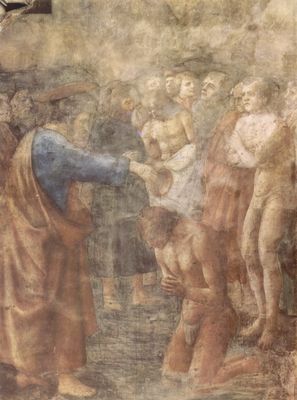 Masaccio: Freskenzyklus der Brancacci-Kapelle in Santa Maria del Carmine in Florenz, Szenen aus dem Leben Petri, Szene: Die Taufe eines Bekehrten