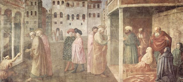 Masaccio: Freskenzyklus der Brancacci-Kapelle in Santa Maria del Carmine in Florenz, Szenen aus dem Leben Petri, Szene: Heilung eines Lahmen durch Petrus und Johannes und Auferstehung der Tabitha, von Masaccio: