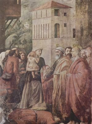 Masaccio: Freskenzyklus der Brancacci-Kapelle in Santa Maria del Carmine in Florenz, Szenen aus dem Leben Petri, Szene: Petrus verteilt Almosen an die Gemeinde und Tod des Ananias und seiner Frau