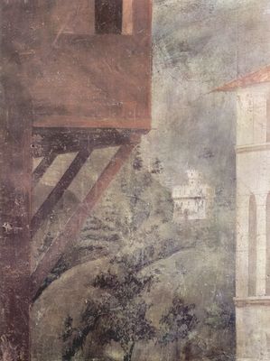 Masaccio: Freskenzyklus der Brancacci-Kapelle in Santa Maria del Carmine in Florenz, Szenen aus dem Leben Petri, Szene: Petrus verteilt Almosen an die Gemeinde und Tod des Ananias und seiner Frau, Detail: Lands
