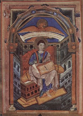 Meister der Neuen Hofschule Karls des Groen: Evangeliar von Saint-Mdard de Soissons, Szene: Hl. Johannes, Evangelist