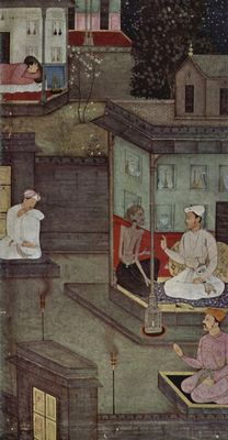 Meister des Jog-Vashisht-Manuskripts: Jog Vashisht-Manuskript, Szene: Ein weiblicher Dmon unterhlt sich nachts mit einem Knig
