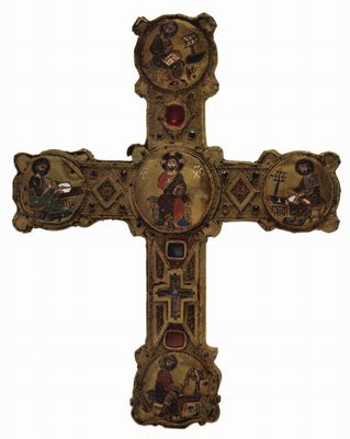 Meister des Reliquienkreuzes von Cosenza: Reliquienkreuz, Szene: Thronender Christus und die vier Evangelisten (Medaillons der Kreuzarme)