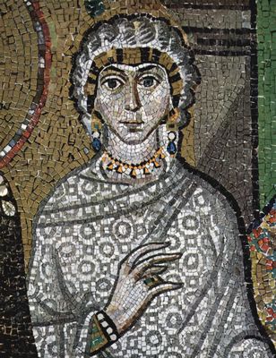 Meister von San Vitale in Ravenna: Chormosaiken in San Vitale in Ravenna, Szene: Kaiserin Theodora und ihr Hof, Detail