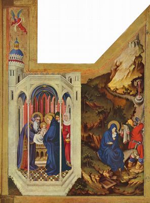 Melchior Broederlam: Altar fr Philipp den Khnen, Herzog von Burgund, rechter Flgel: Die Darstellung im Tempel und die Flucht nach gypten