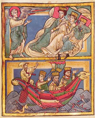 Mittelrheinischer Meister um 1200: Evangeliar des Doms zu Speyer, Szene: Traum und Heimreise der Heiligen Drei Knige