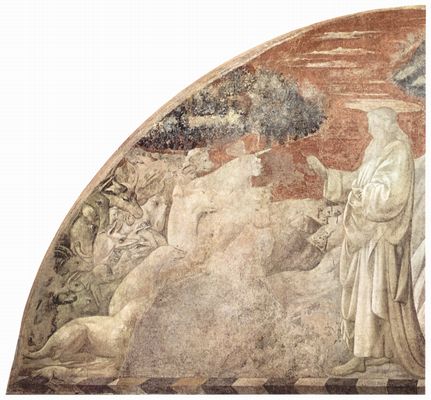 Paolo Uccello: Alttestamentarischer Freskenzyklus zur Genesis im Kreuzgang von Santa Maria Novella in Florenz, Szene in Lnette: Erschaffung der Tiere und Erschaffung Adams, Detail: Erschaffung der Tiere