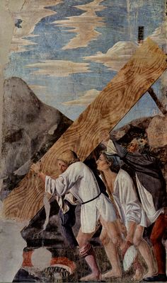 Piero della Francesca: Freskenzyklus der Legende vom Heiligen Kreuz im Chor von San Francesco in Arezzo, Szene: Der Transport der Brcke