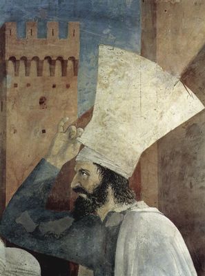 Piero della Francesca: Freskenzyklus der Legende vom Heiligen Kreuz im Chor von San Francesco in Arezzo, Szene: Lobpreisung des Heiligen Kreuzes nach dessen Rckfhrung nach Jerusalem durch Kaiser Heraklius, Detail: Bewoh