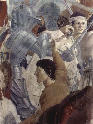 Piero della Francesca: Freskenzyklus der Legende vom Heiligen Kreuz im Chor von San Francesco in Arezzo, Szene: Niederlages des Perserknigs Chosroes gegen Heraklius, Detail: Krieger