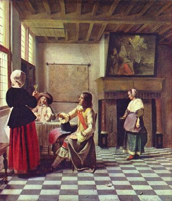 Pieter de Hooch: Frau mit zwei Mnnern beim Trinken und Magd