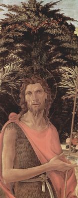 Sandro Botticelli: Bardi-Altar, Thronende Madonna, Johannes der Tufer und Johannes der Evangelist, Detail: Johannes der Tufer