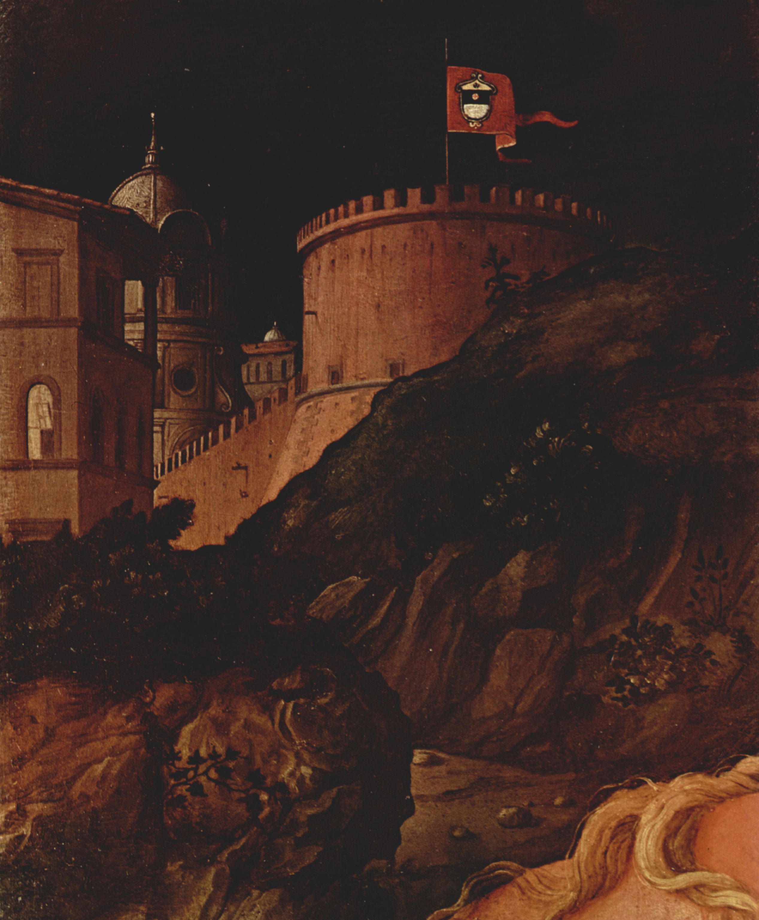 Angelo Bronzino: Heilige Familie mit Johannes dem Tufer, Detail: Architektur mit Wappen des Auftraggebers