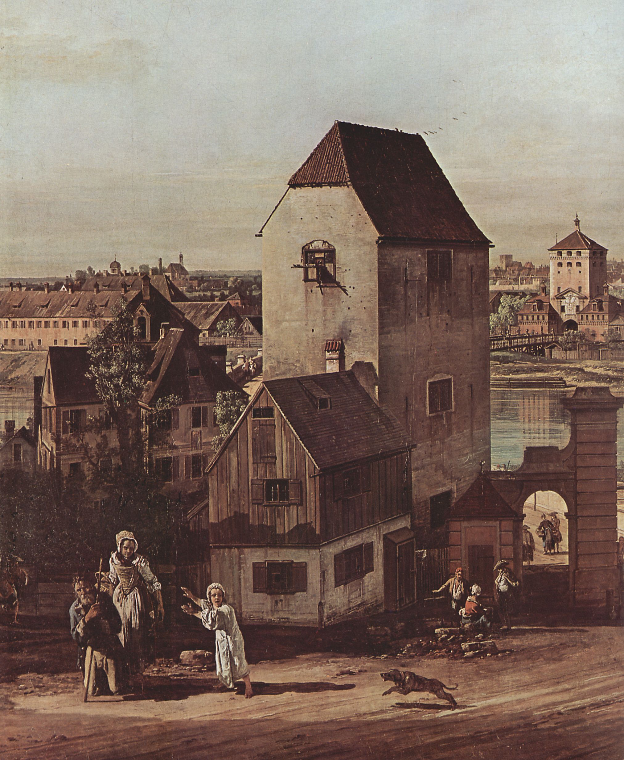 Canaletto (I): Ansicht von Mnchen, Das Brckentor und die Isar, Mnchen von Heidhausen aus gesehen, Detail