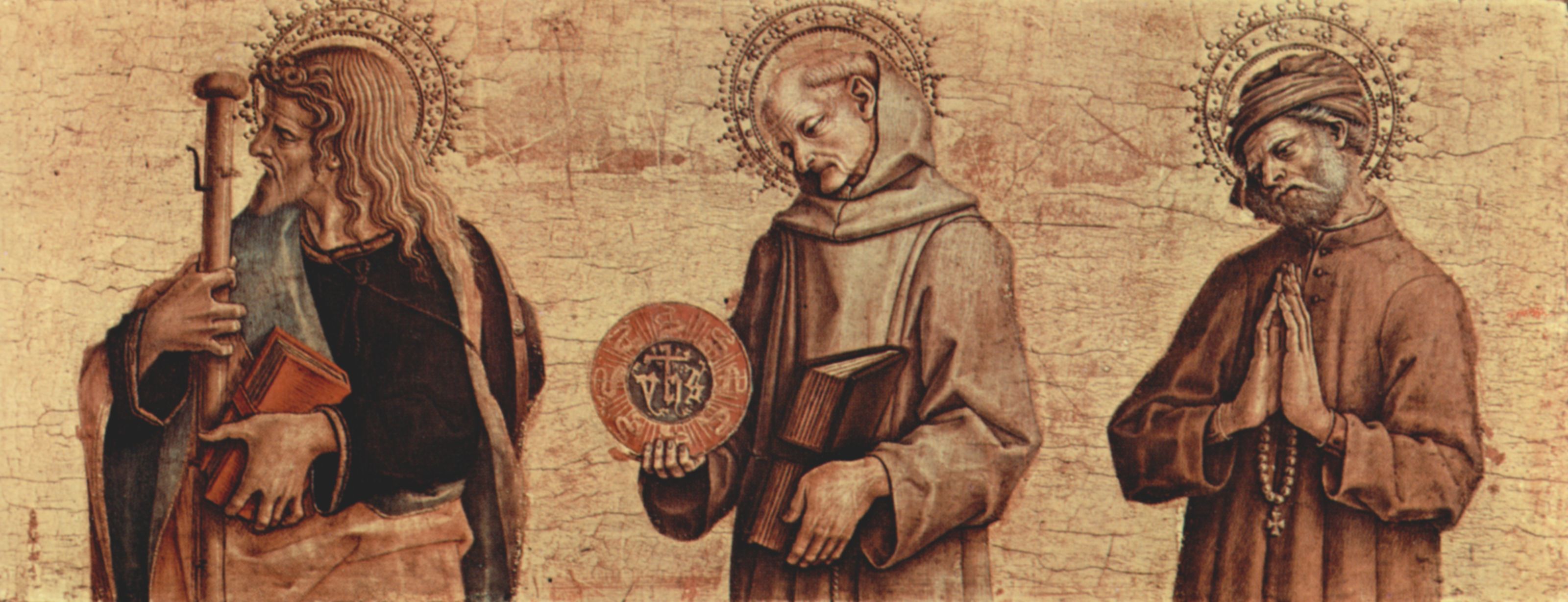 Carlo Crivelli: Altartriptychon, linke Predellatafel: Hl. Jacobus d.., Hl. Berhardin von Siena, Hl. Nikodemus
