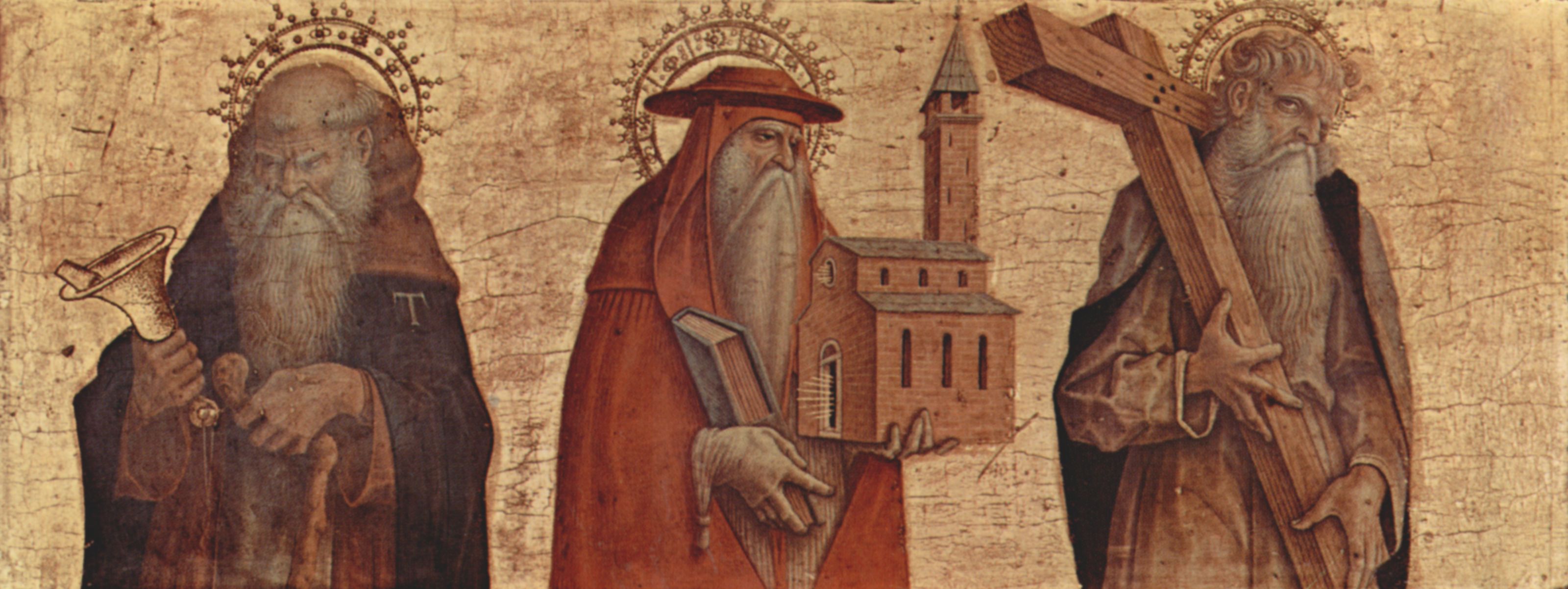 Carlo Crivelli: Altartriptychon, rechte Predellatafel: Hl. Antonius Abbate, Hl. Hieronymus, Hl. Andreas