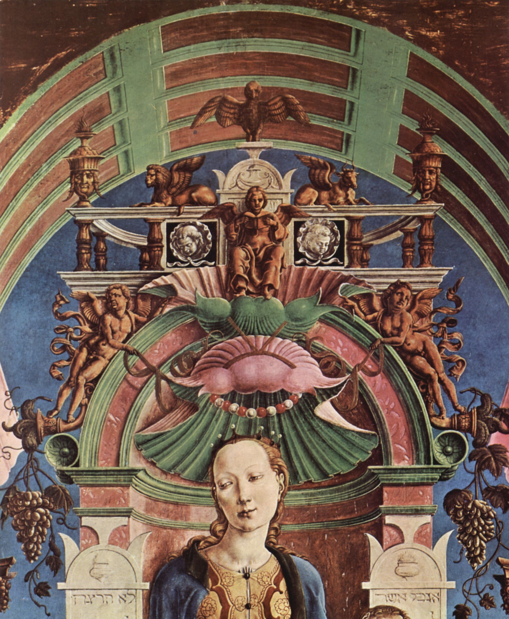 Cosm Tura: Roverella-Altar fr St. Giorgio in Ferrara, Haupttafel, Szene: Thronende Madonna und musizierende Engel, Detail
