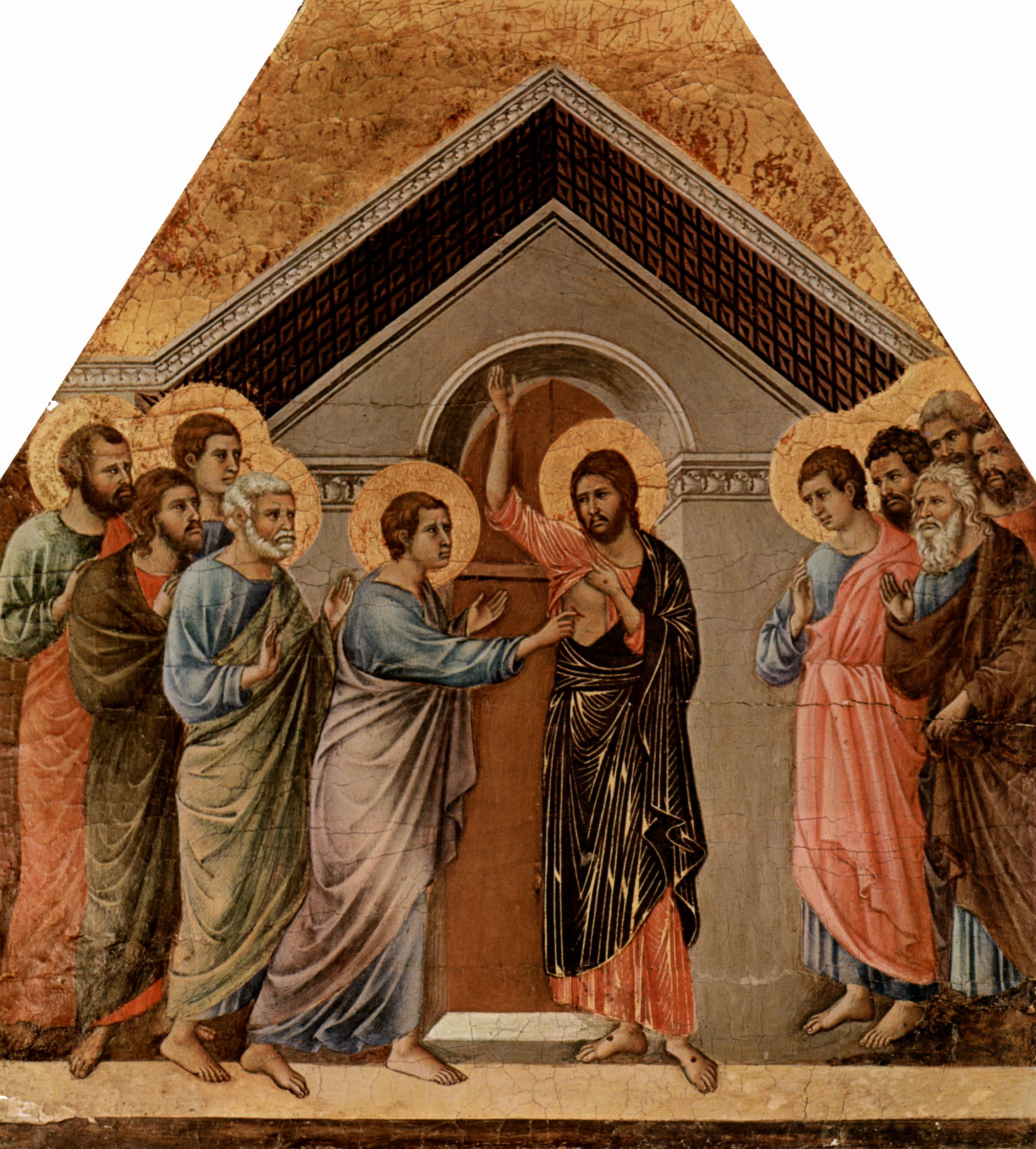Duccio di Buoninsegna: Maest, Altarretabel des Sieneser Doms, Rckseite, Altarbekrnung mit Pfingstzyklus, Szene: Der unglubige Thomas