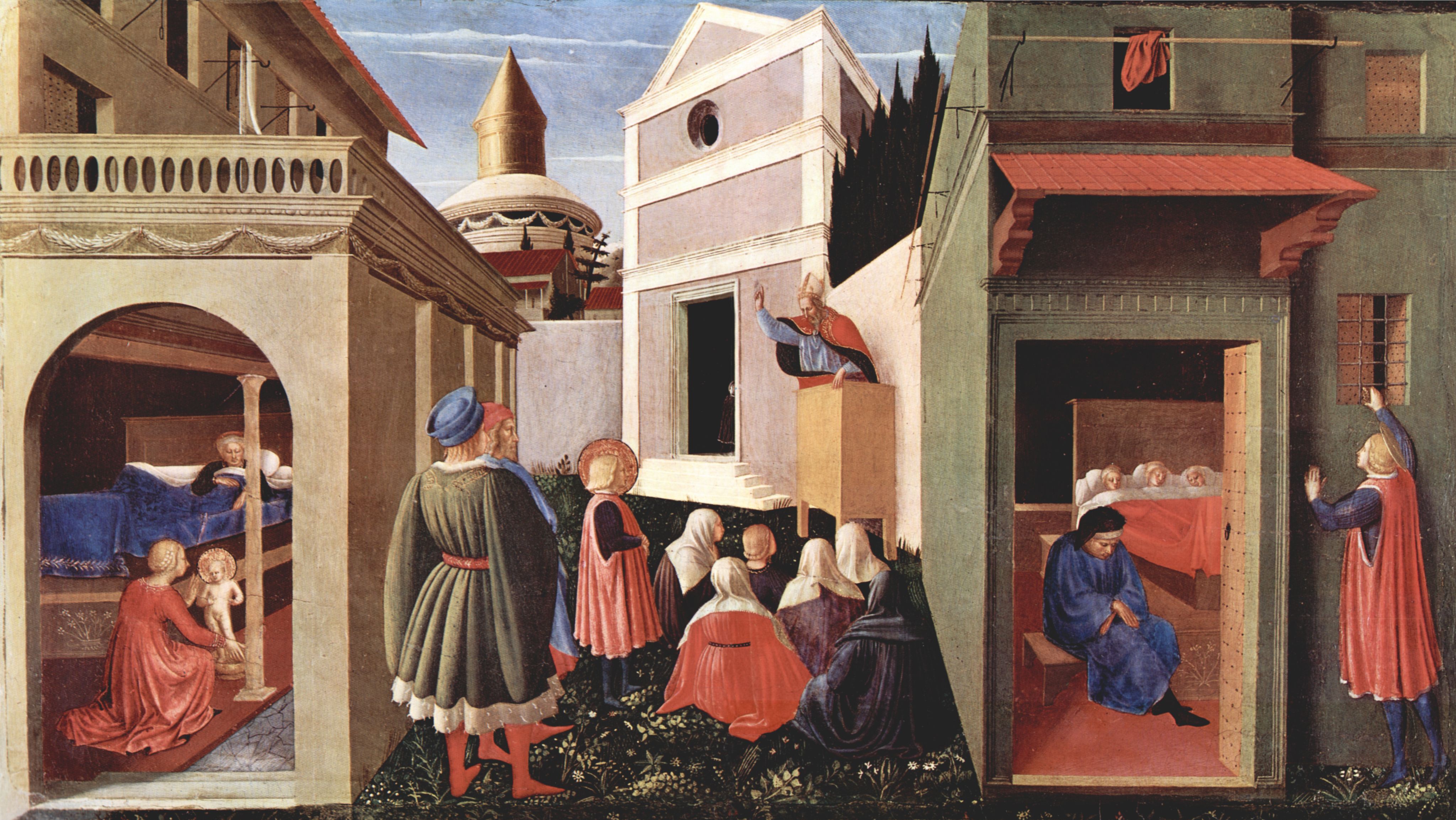 Fra Angelico: Predellatafel des Triptychons von San Domenico in Perugia zum Leben des Hl. Nikolaus von Bari, Szene: Geburt, Erziehung durch den Bischof, N. wirft goldene Kugeln in Zimmer dreier Jungfrauen
