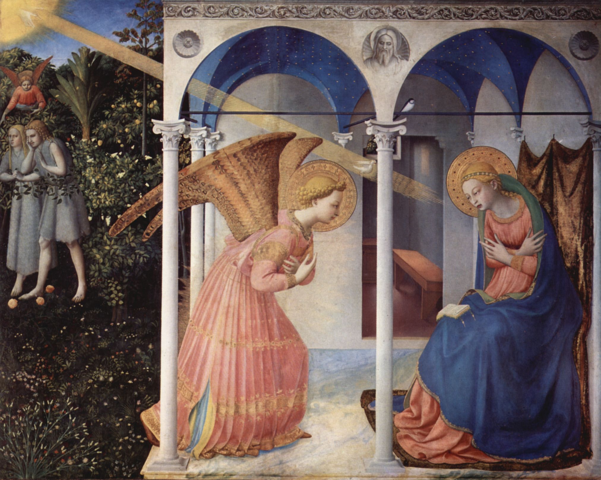 Fra Angelico: Verkndigung an Maria, Altarretabel mit 5 Predellatafeln aus dem Marienleben, Haupttafel, Szene: Verkndigung