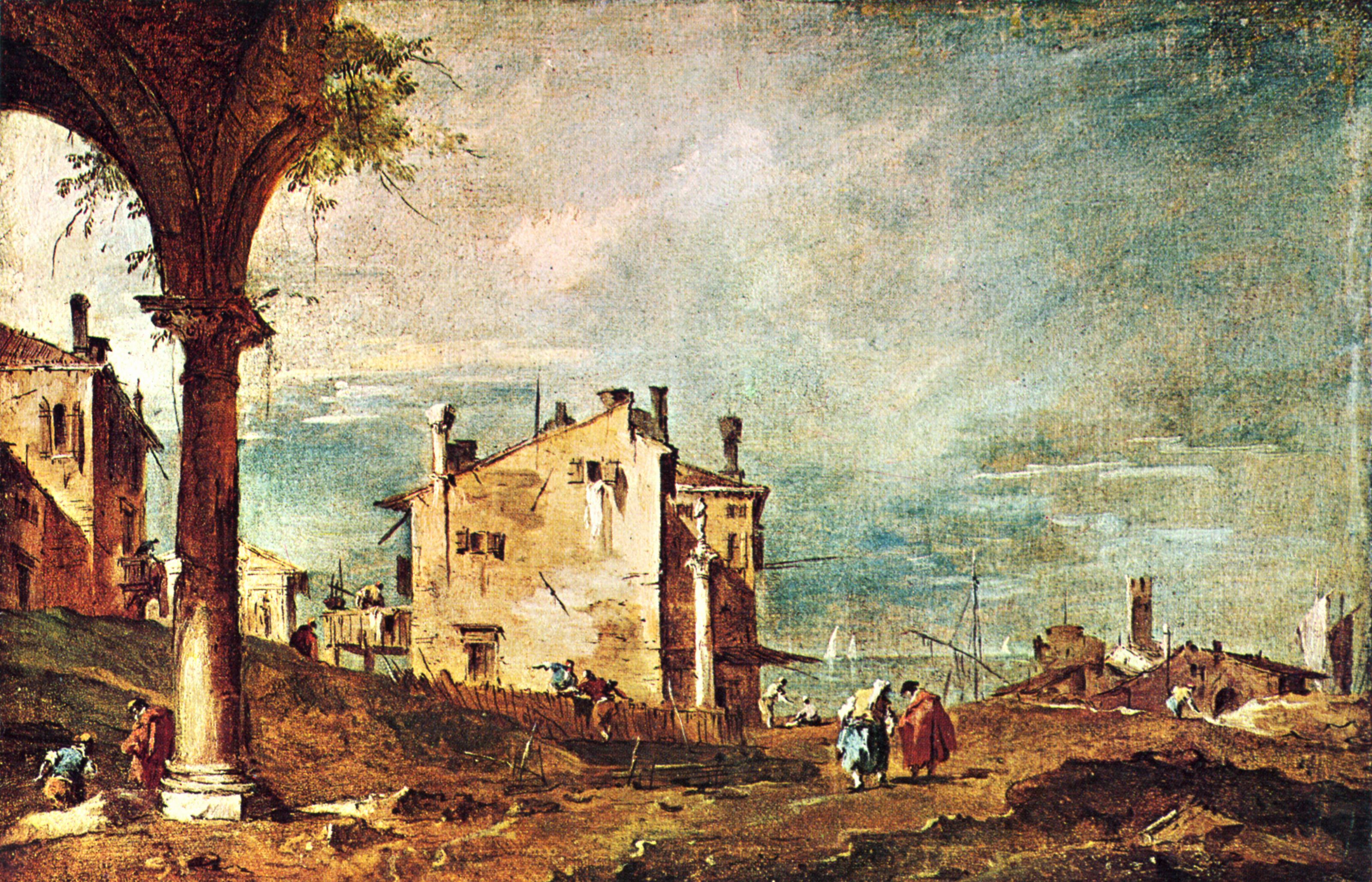 Francesco Guardi: Carpriccio, Szene: Ruinenarkade und Bauernhuser bei der Lagune
