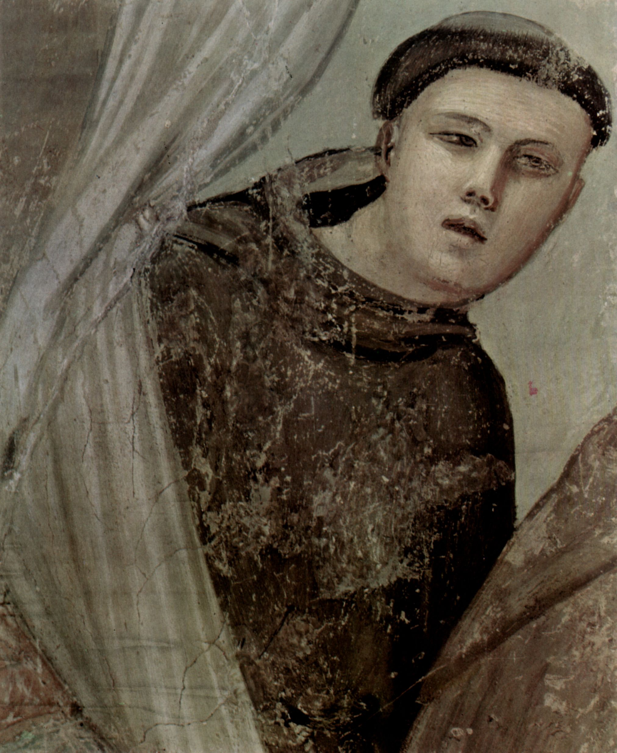 Giotto di Bondone: Freskenzyklus mit Szenen aus dem Leben des Hl. Franziskus, Bardi-Kapelle, Santa Croce in Florenz, Szene: Die Erscheinung des Fra Augustinus vor dem Bischof